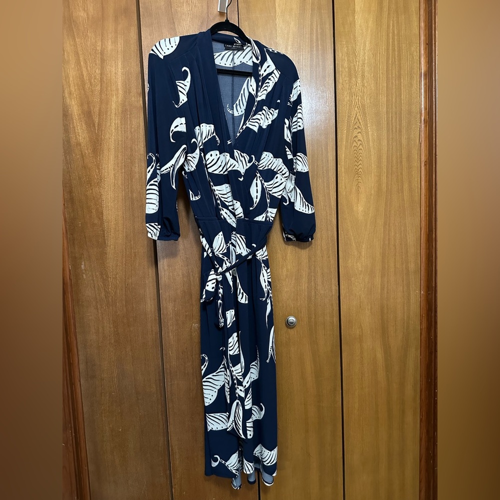 Lane Bryant Navy and White Leaf-Print Wrap Dress